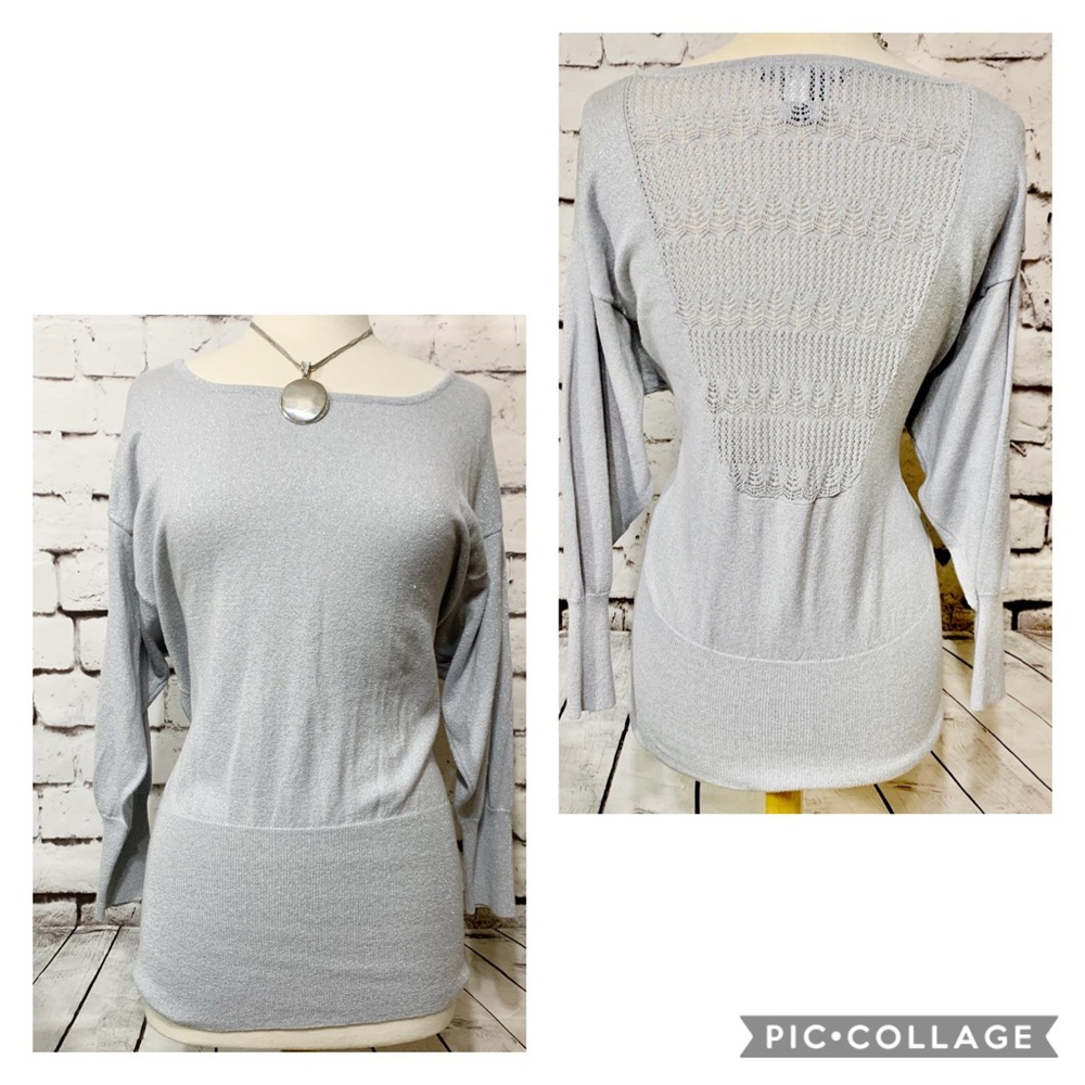 Willi Smith Silver Shimmer Sweater Crochet Back M